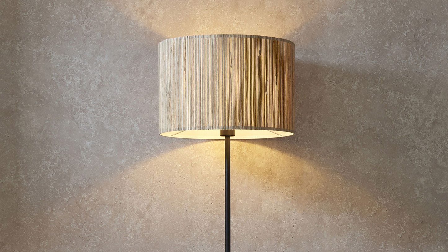 Modern Black Metal Floor Lamp with Natural Seagrass Shade