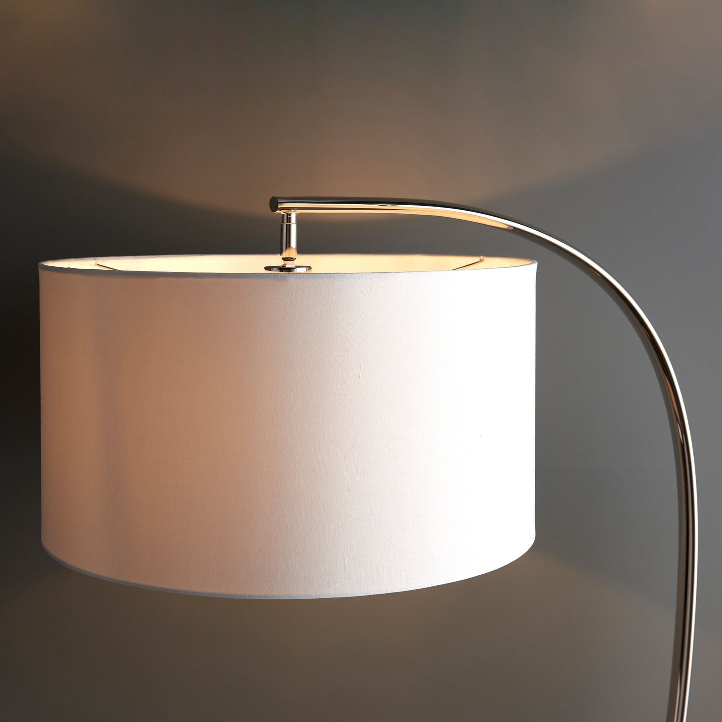 Modern Curved Chrome Metal Floor Lamp with Vintage White Shade