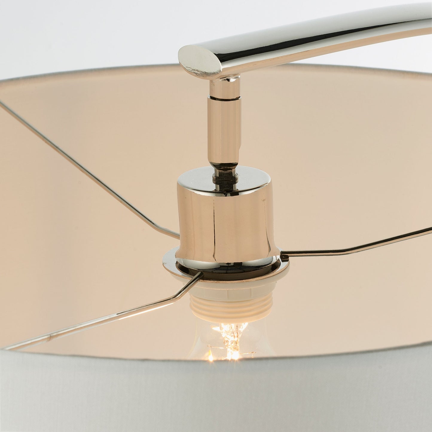 Modern Curved Chrome Metal Floor Lamp with Vintage White Shade