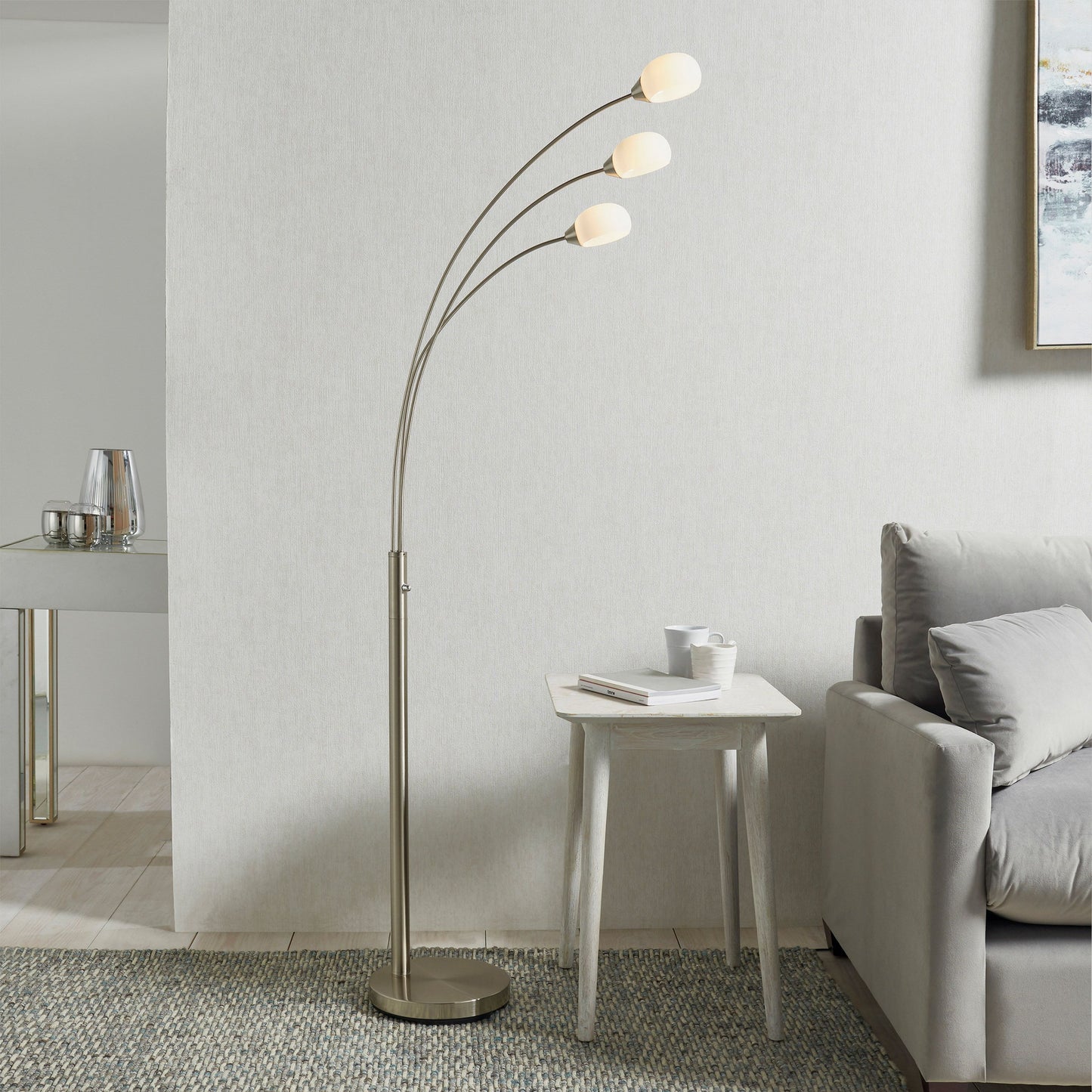Modern Brushed Nickel Adjustable 5 Arm Floor Lamp with White Glass Shade