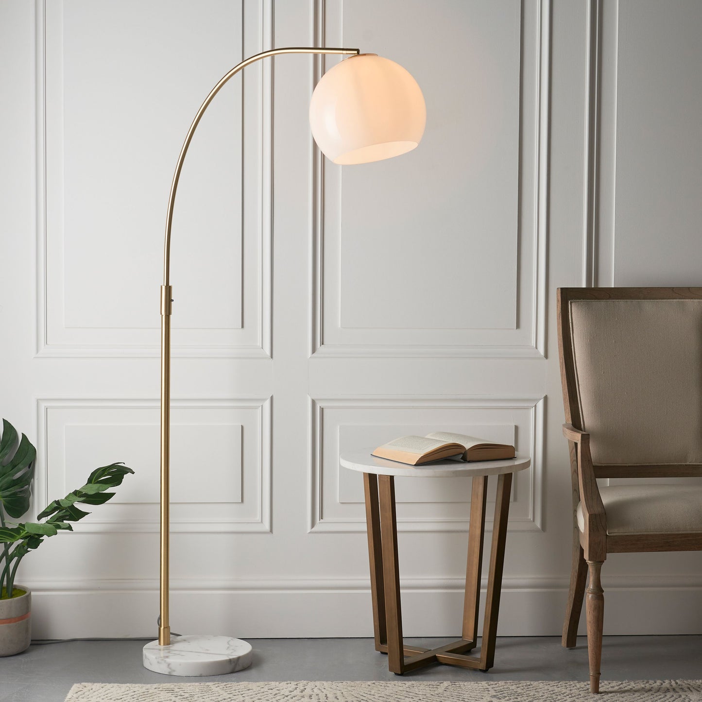 Contemporary Brushed Brass Floor Lamp with Opal Glass Shade