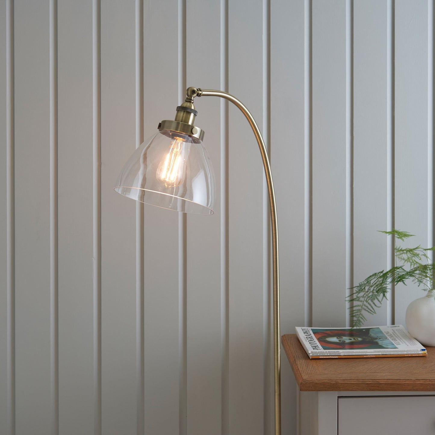 Contemporary Vintage Brass Floor Lamp with Clear Glass Shade