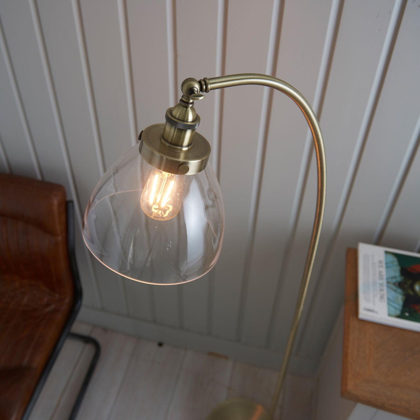 Contemporary Vintage Brass Floor Lamp with Clear Glass Shade