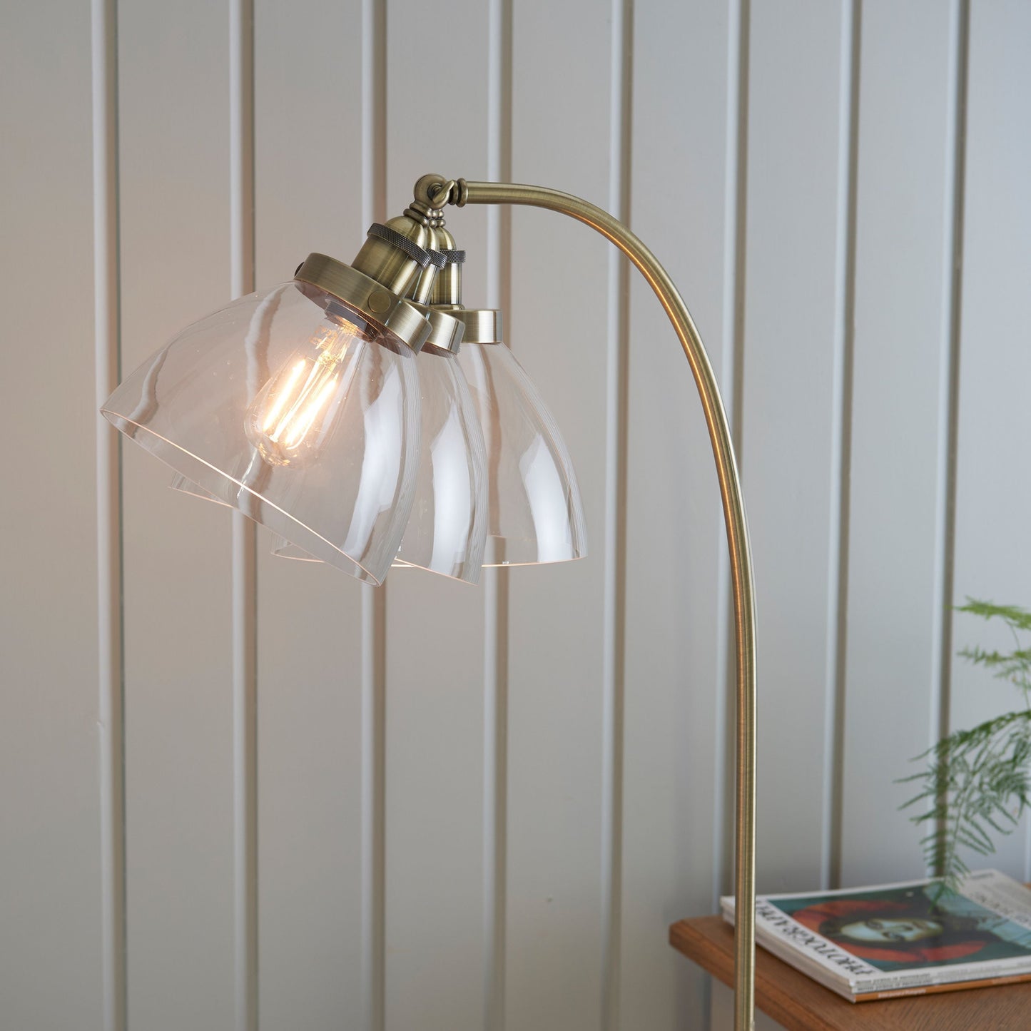Contemporary Vintage Brass Floor Lamp with Clear Glass Shade