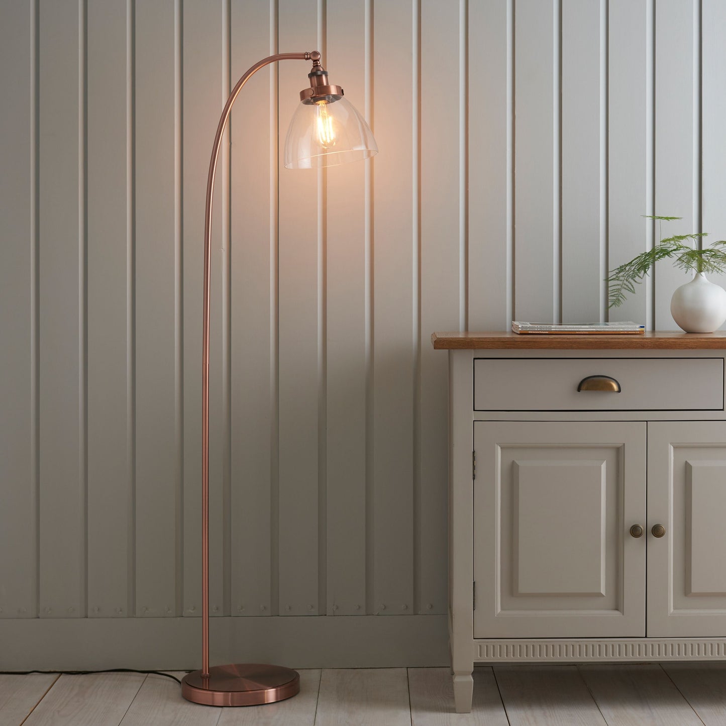 Contemporary Aged Copper Floor Lamp with Clear Glass Shade