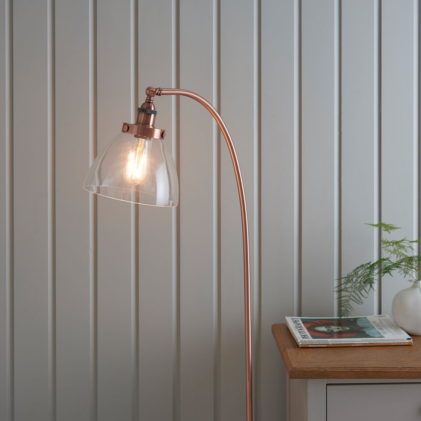 Contemporary Aged Copper Floor Lamp with Clear Glass Shade