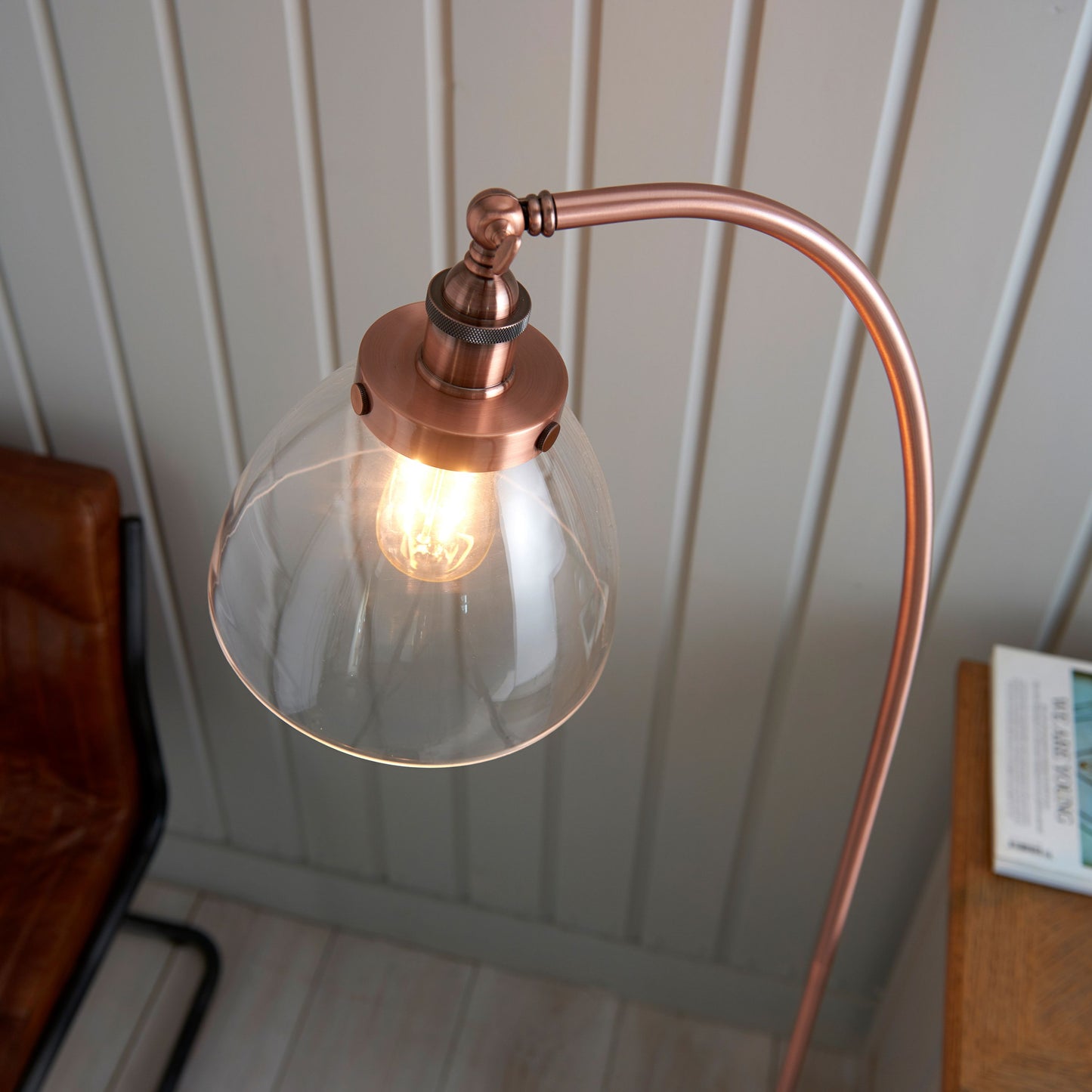 Contemporary Aged Copper Floor Lamp with Clear Glass Shade