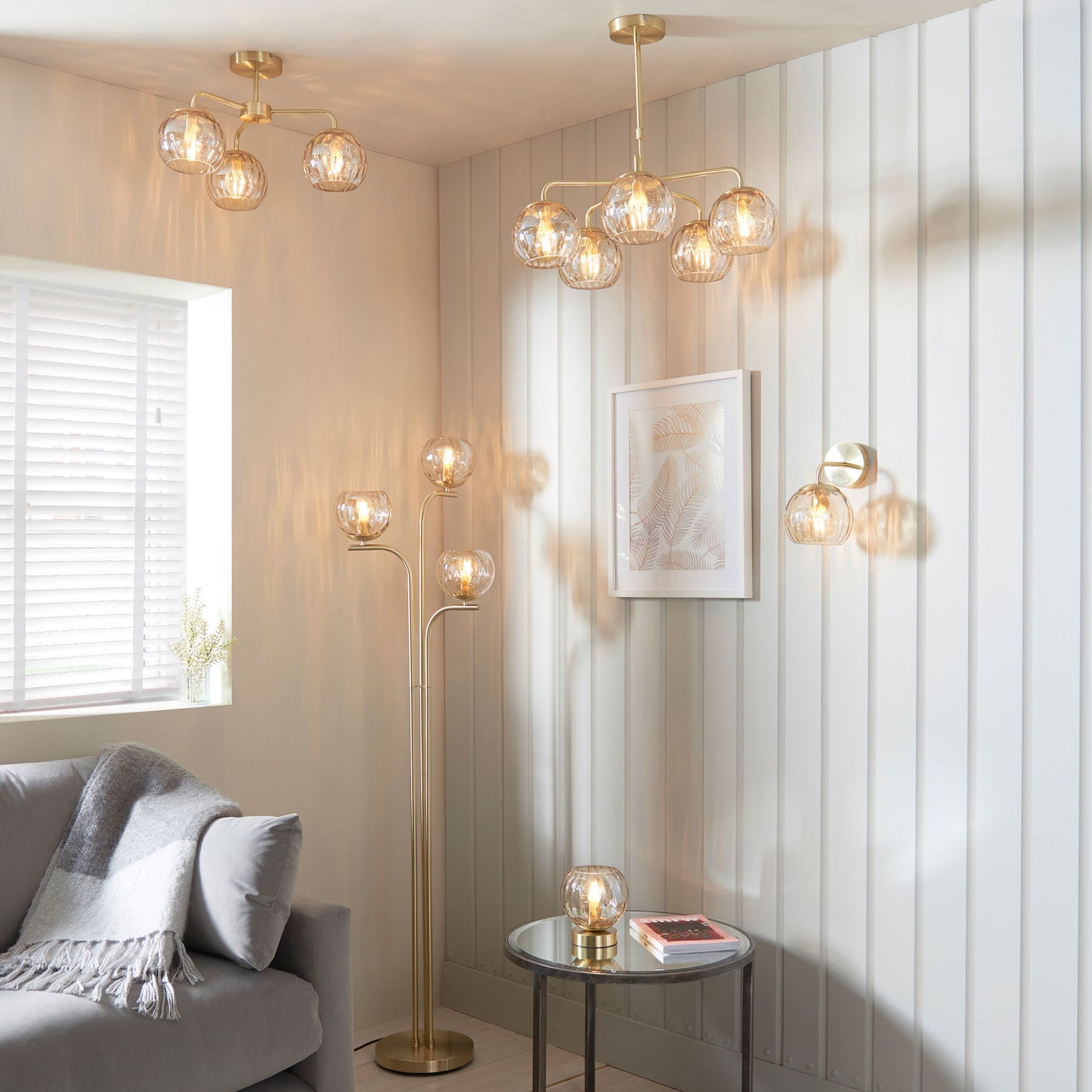 Elegant Brushed Brass Floor Lamp – Triple Globe Glass Shade Design