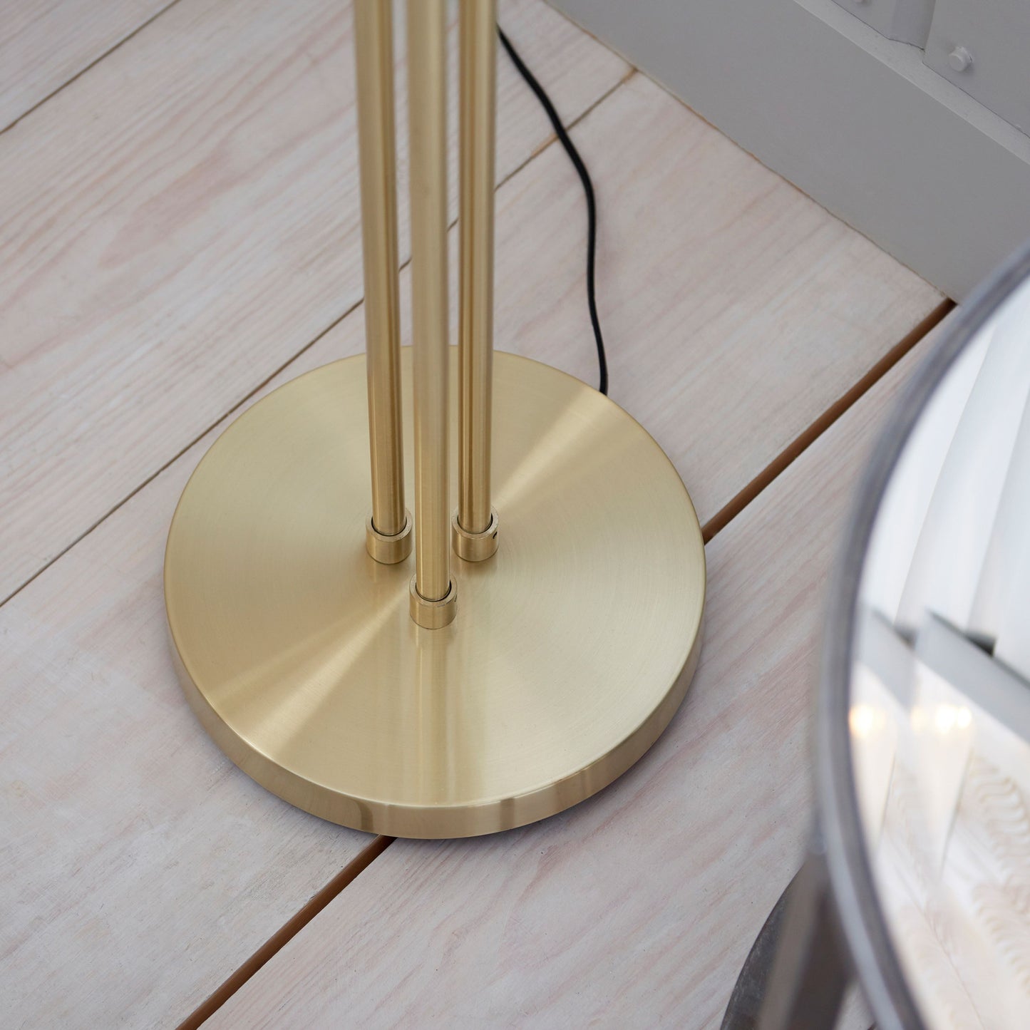 Elegant Brushed Brass Floor Lamp with Triple Globe Glass Shades