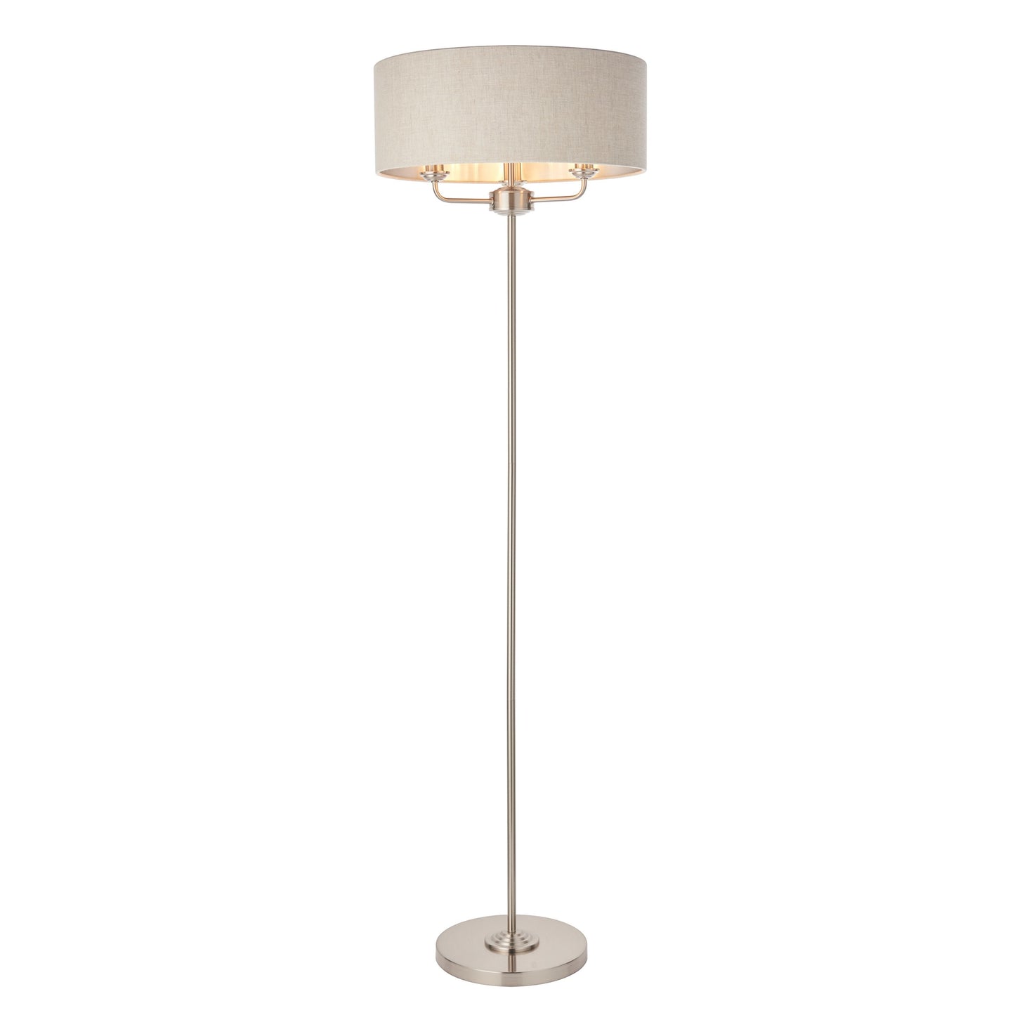 Traditional Chromed Metal Floor Lamp with Natural Fabric Shade - 3 Light