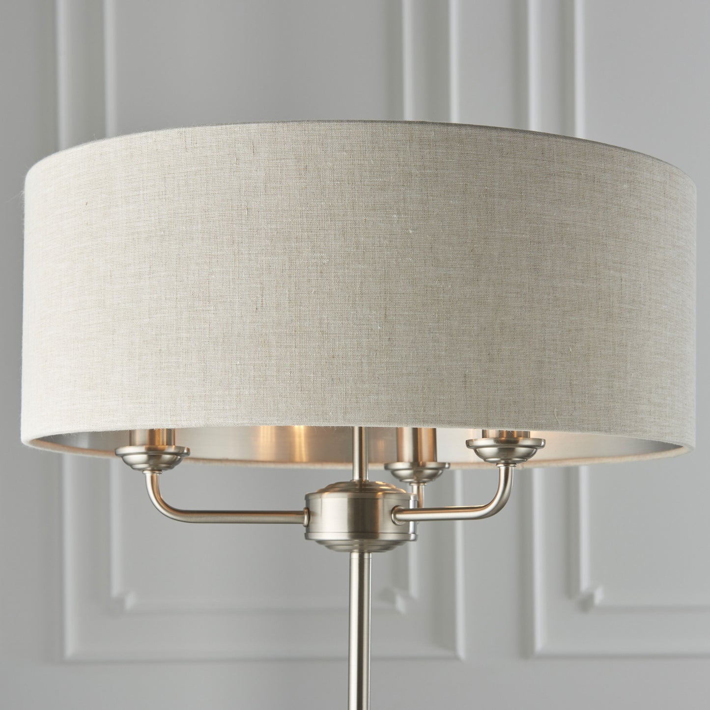 Traditional Chromed Metal Floor Lamp with Natural Fabric Shade - 3 Light
