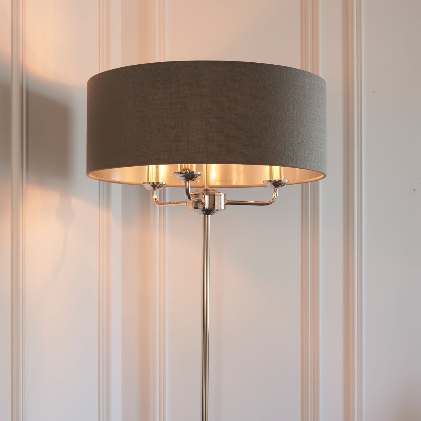 Modern Charcoal & Nickel Floor Lamp – Triple Bulb Fabric Shade Design