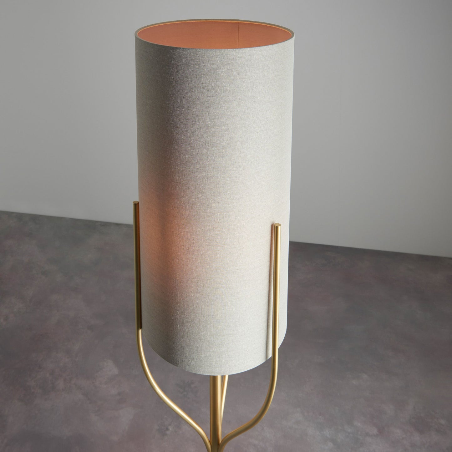 Contemporary Brushed Gold Floor Lamp with Natural / Beige Fabric Shade