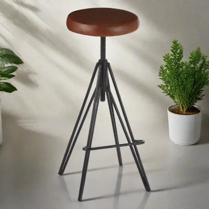 Industrial Black Iron & Brown Leather Bar Stool – Adjustable Design