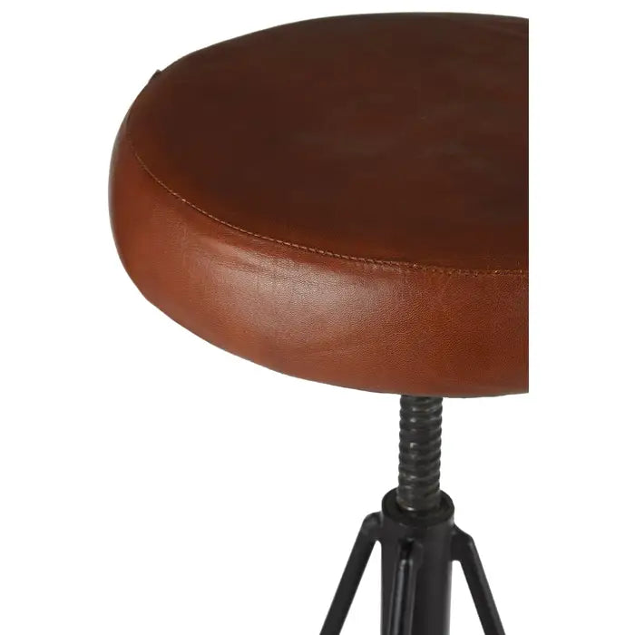 Industrial Black Iron & Brown Leather Bar Stool – Adjustable Design