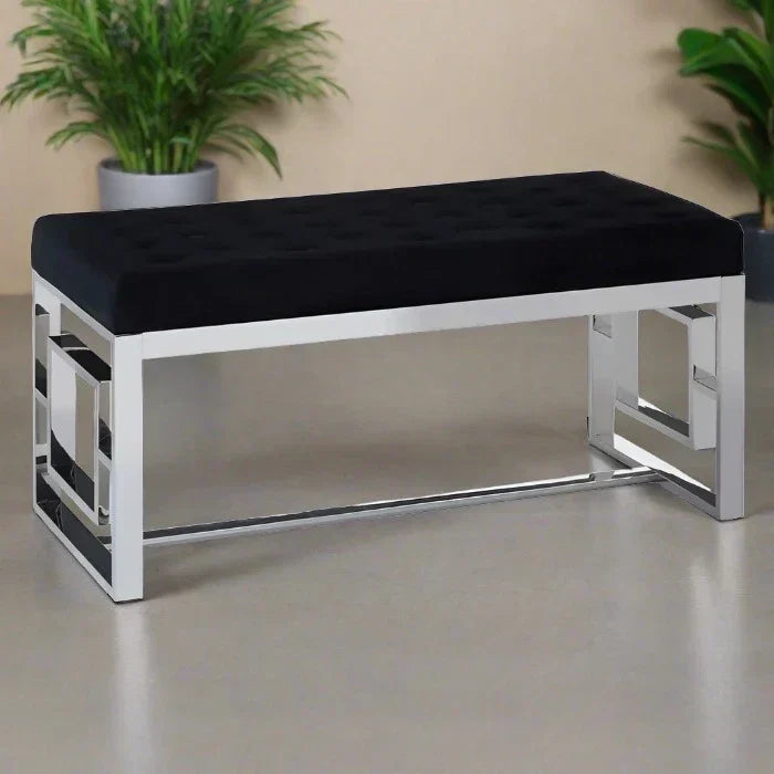 Hampton Indoor Bench, Black Button Tufted, Silver Frame