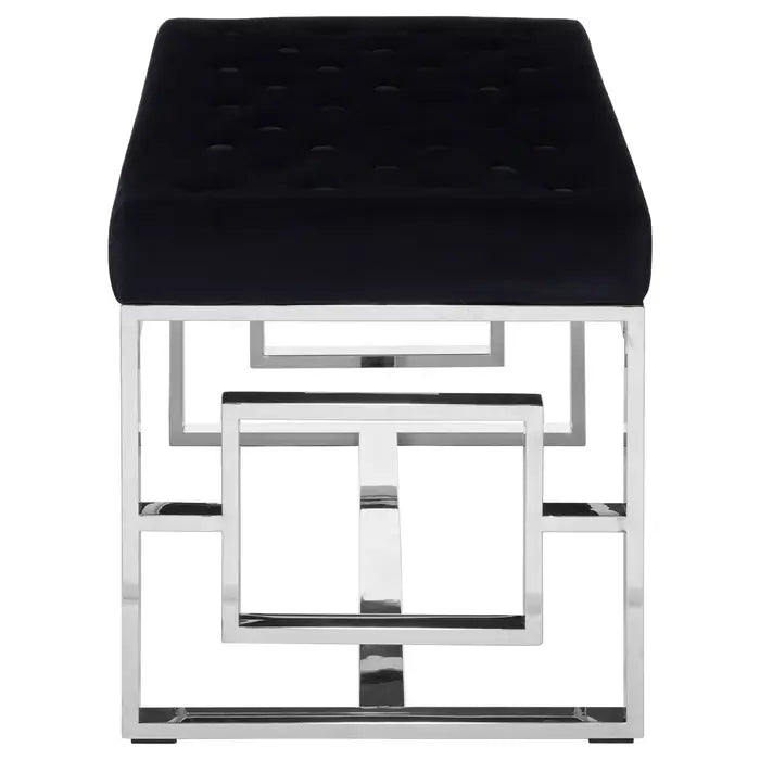 Hampton Indoor Bench, Black Button Tufted, Silver Frame