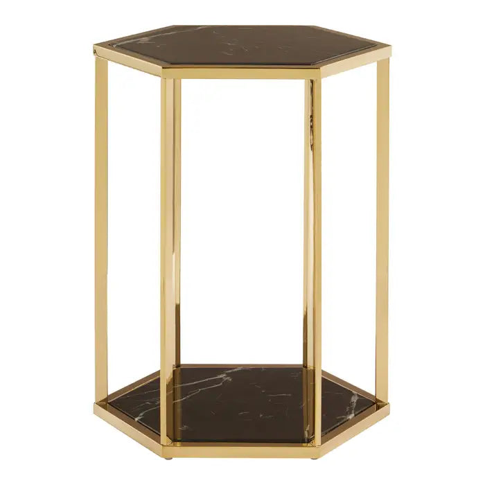 Elegant Gold Marble & Stainless Steel Side Table – Hexagonal Design with Dual Levels -