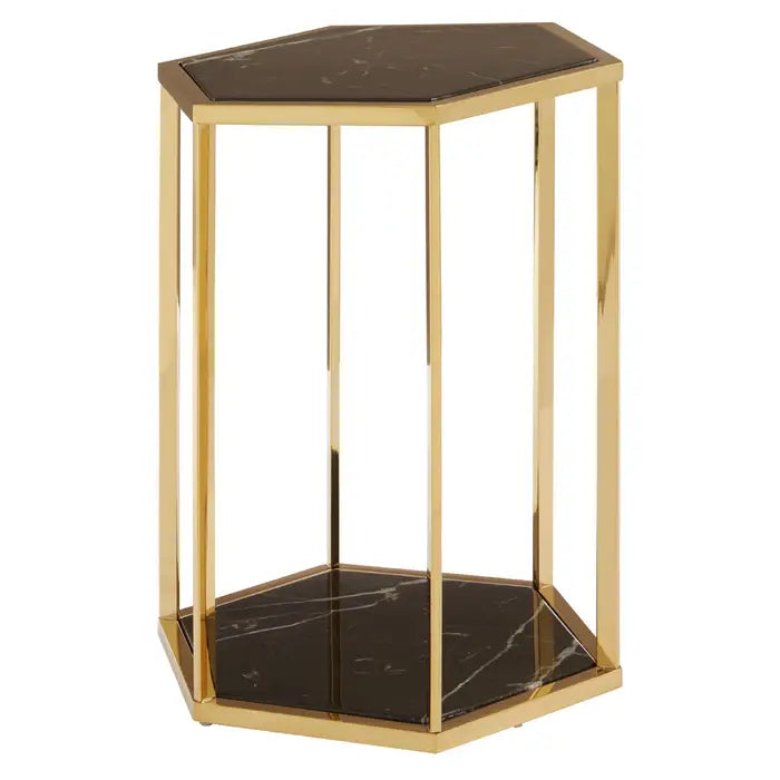 Elegant Gold Marble & Stainless Steel Side Table – Hexagonal Design with Dual Levels