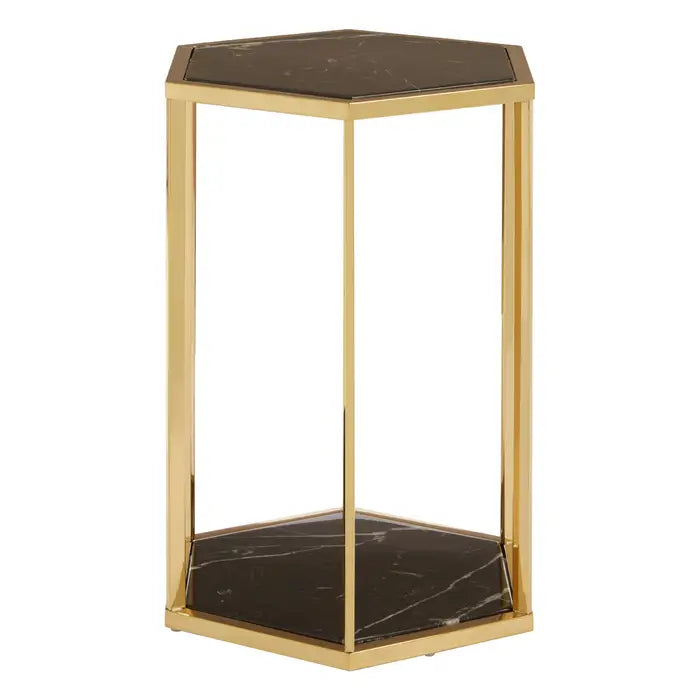 Elegant Gold Marble & Stainless Steel Side Table – Hexagonal Design with Dual Levels