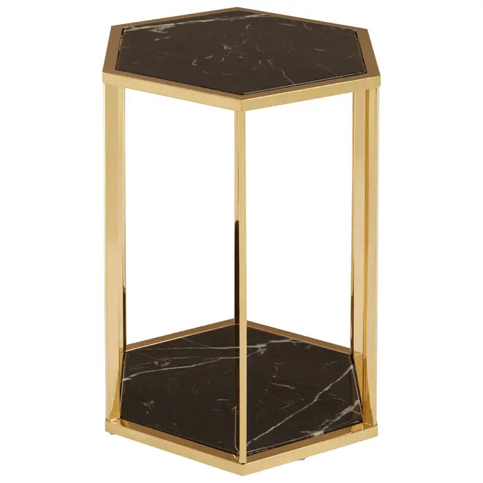 Elegant Gold Marble & Stainless Steel Side Table – Hexagonal Design with Dual Levels