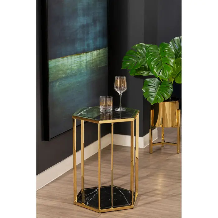 Elegant Gold Marble & Stainless Steel Side Table – Hexagonal Design with Dual Levels -