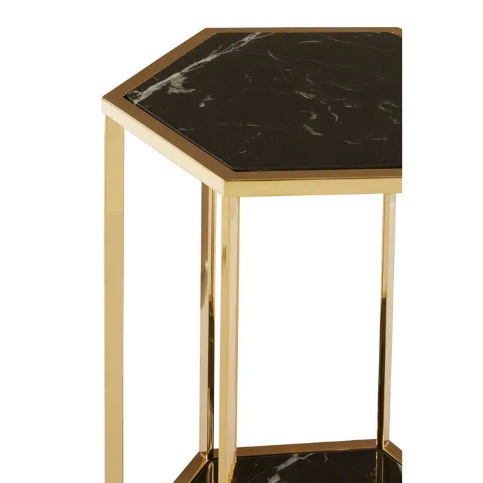 Elegant Gold Marble & Stainless Steel Side Table – Hexagonal Design with Dual Levels