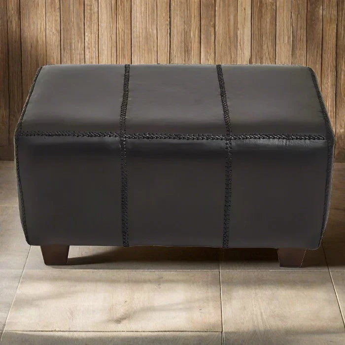 Metro Indoor Bench, Black Leather, Teak Feet
