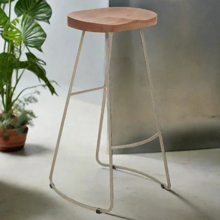 Elegant Natural Wood & Gold Bar Stool – Modern Curved Seat Design