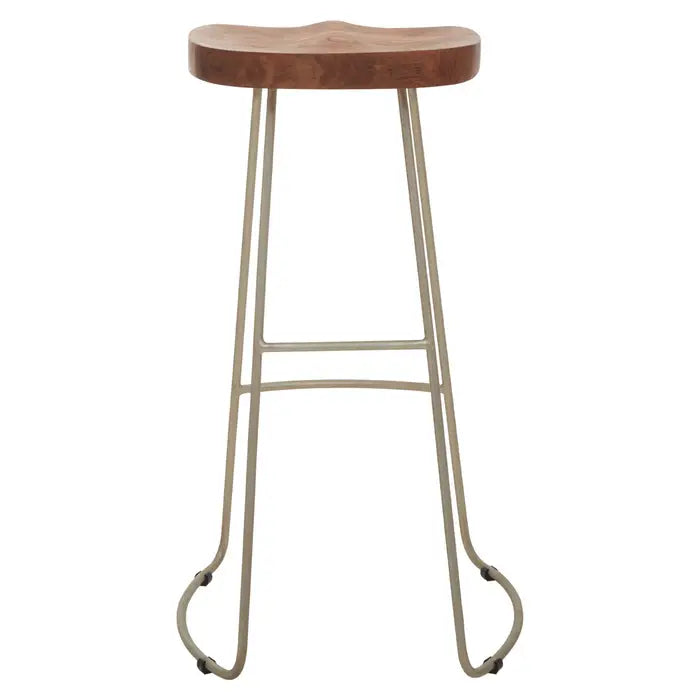 Elegant Natural Wood & Gold Bar Stool – Modern Curved Seat Design