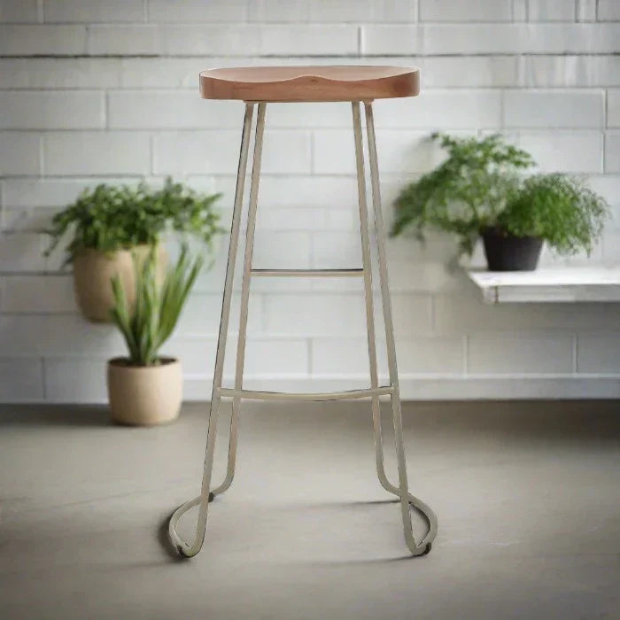 Elegant Natural Wood & Gold Bar Stool – Modern Curved Seat Design