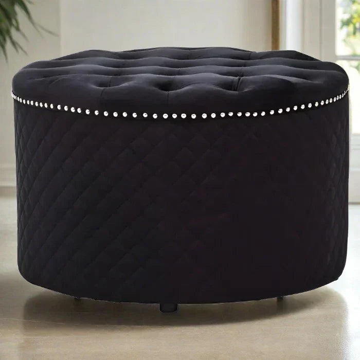 Zamora Round Black Velvet Ottoman