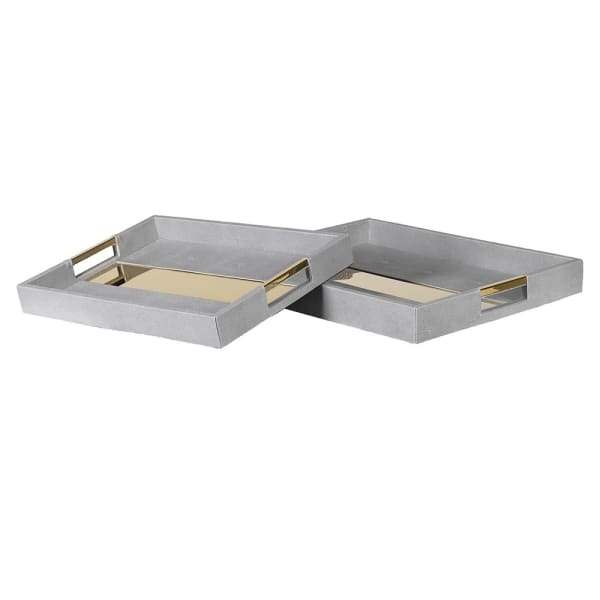 Modern Grey Faux Leather Tray Set – Gold Mirrored Base & Stainless Steel Handles - Your Home Interiors - House & Home