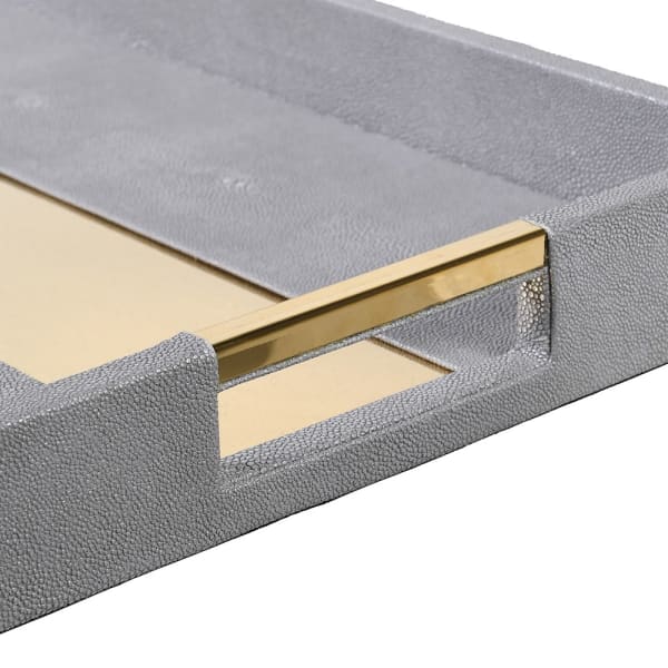 Modern Grey Faux Leather Tray Set – Gold Mirrored Base & Stainless Steel Handles