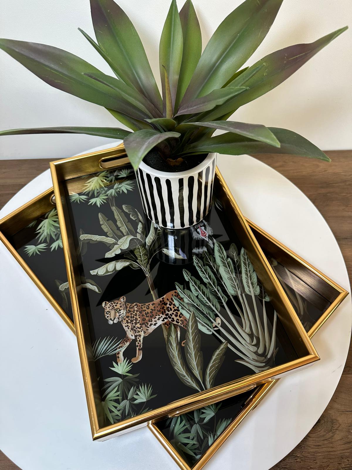 Luxury Gold Tropical Wildlife Serving Tray Set – Glass Top & Decorative Finish