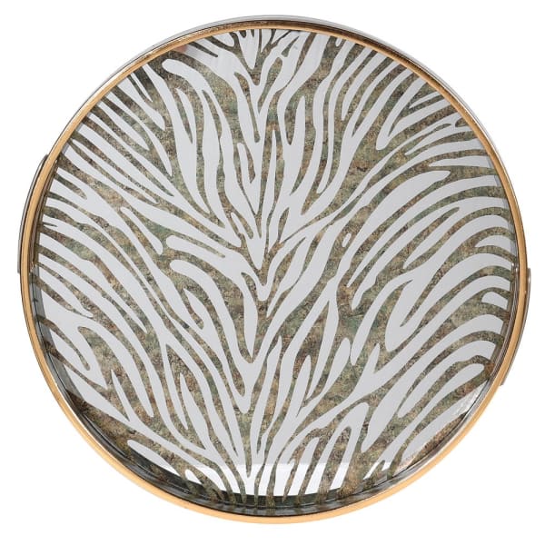 Luxury Zebra Print Round Serving Tray – Glass Top & Elegant Gold Detailing
