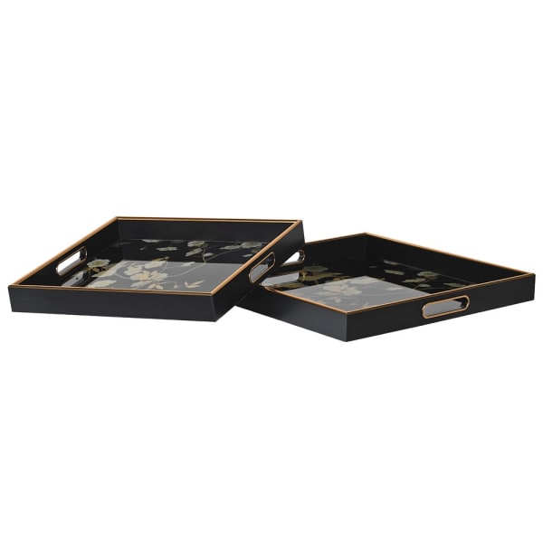 Luxury Black Floral Print Serving Tray Set – Glass Top & Elegant Gold Trim - Your Home Interiors - House & Home