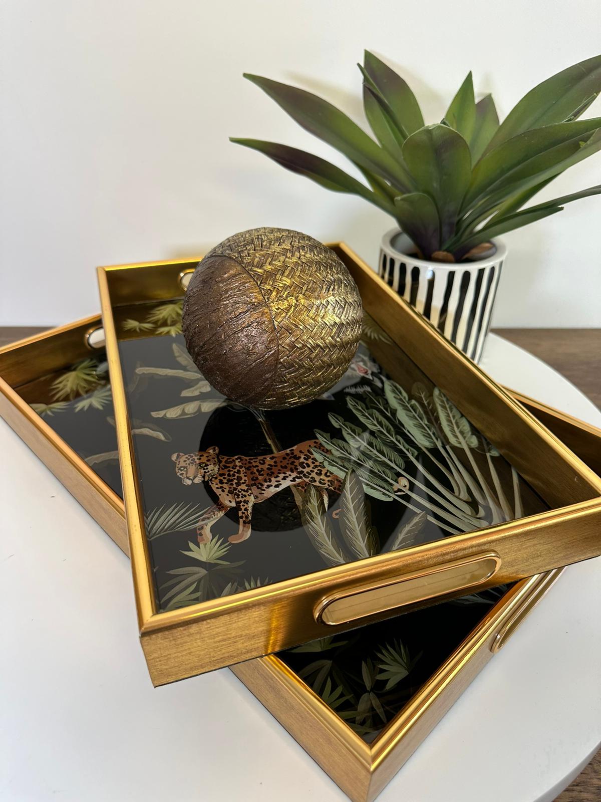 Luxury Gold Tropical Wildlife Serving Tray Set – Glass Top & Decorative Finish