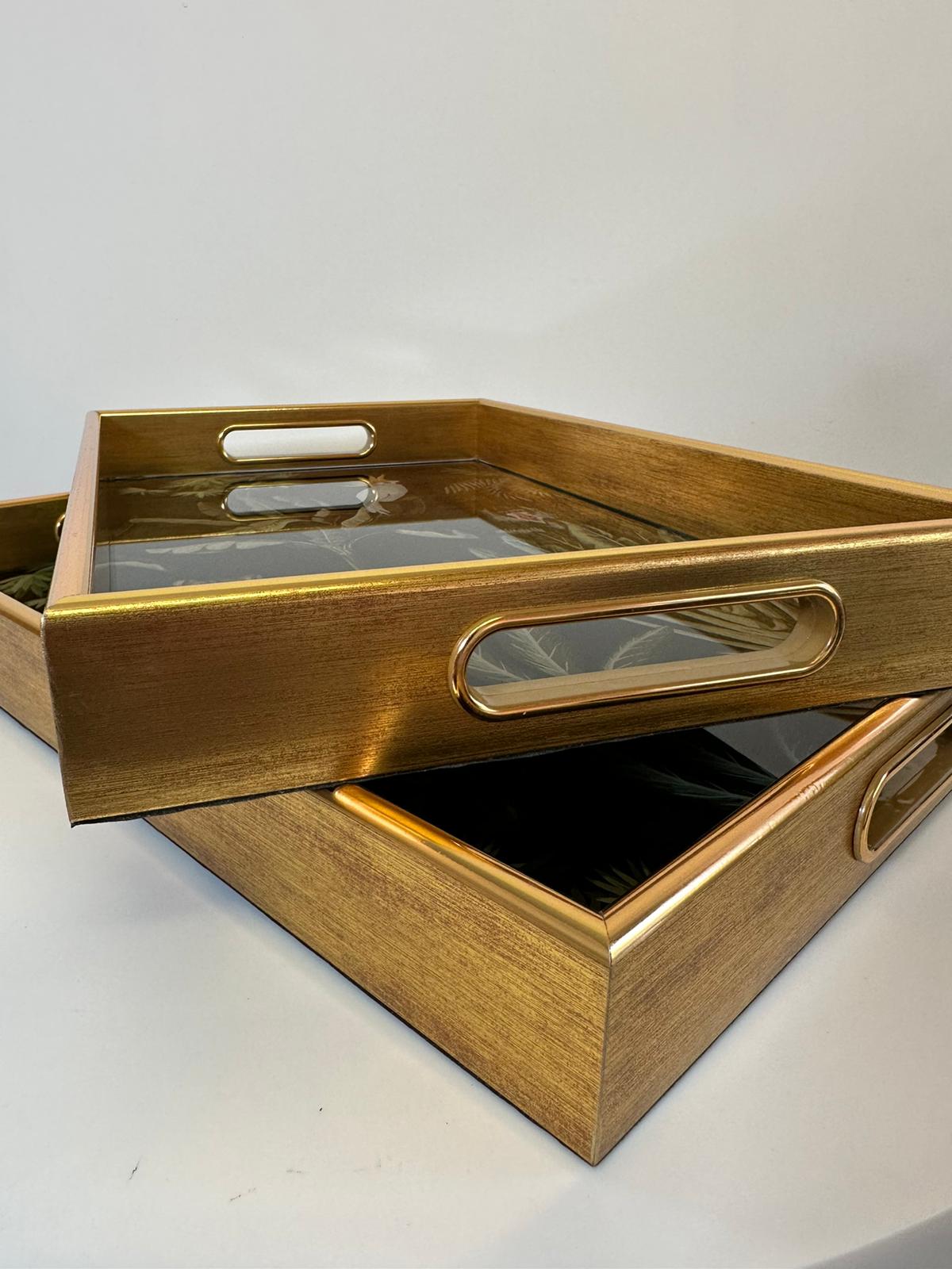 Luxury Gold Tropical Wildlife Serving Tray Set – Glass Top & Decorative Finish