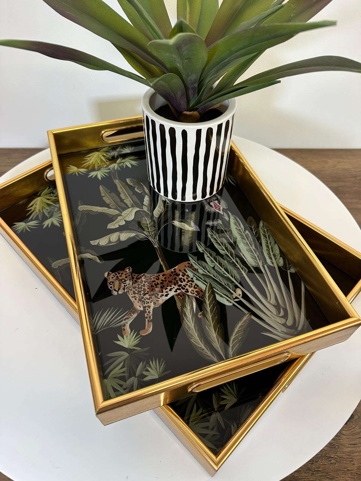 Luxury Gold Tropical Wildlife Serving Tray Set – Glass Top & Decorative Finish
