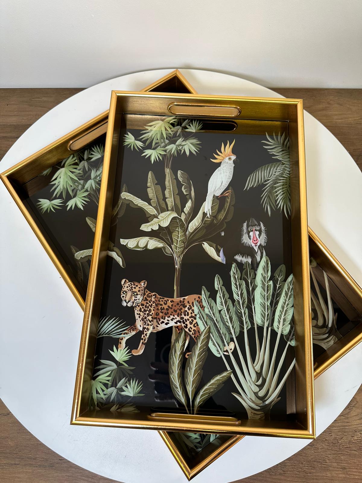 Luxury Gold Tropical Wildlife Serving Tray Set – Glass Top & Decorative Finish