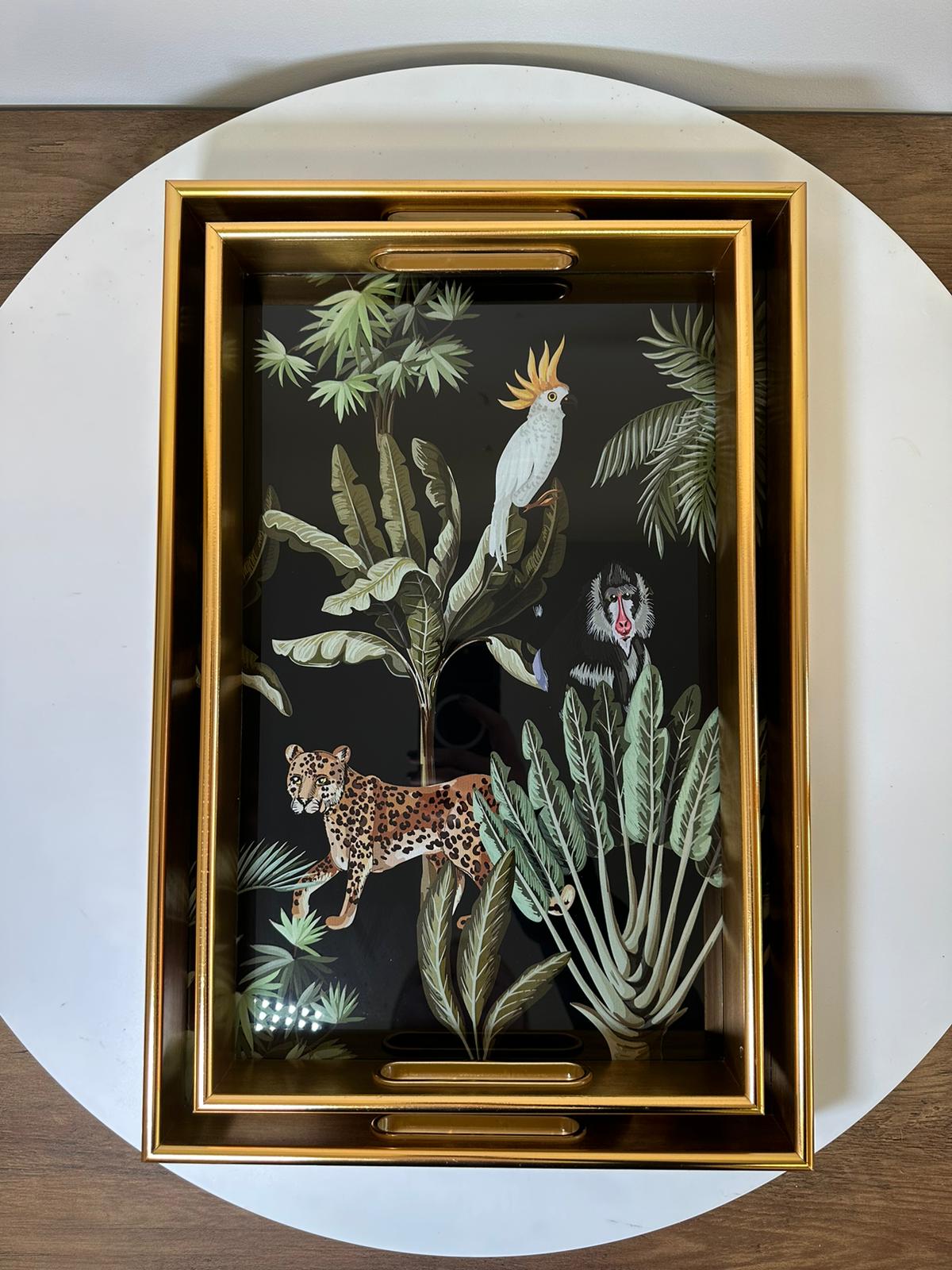 Luxury Gold Tropical Wildlife Serving Tray Set – Glass Top & Decorative Finish