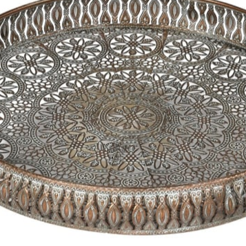 Ornate Gold Iron Round Tray – Intricate Cutout Design & Vintage Finish