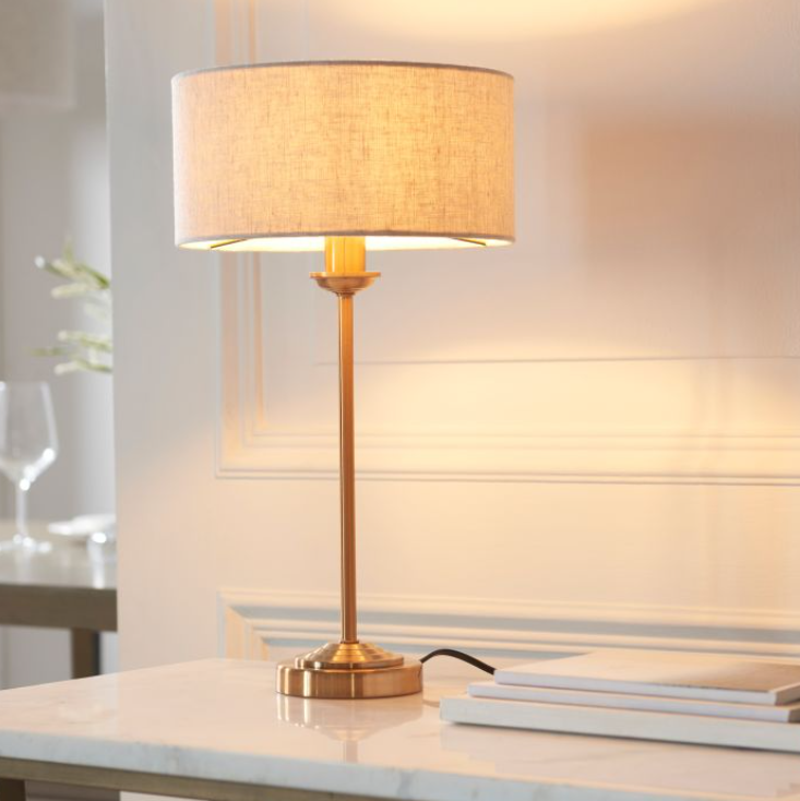 Elegant Vintage Brass Table Lamp – Slim Steel Frame & Fabric Shade -