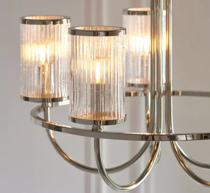 Elegant Bright Nickel Glass Chandelier – Modern Steel Frame & 5 Light Design - Your Home Interiors