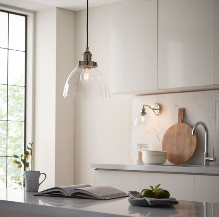 Modern Bright Nickel & Clear Glass Pendant Light – Sleek Dome Shade - Your Home Interiors