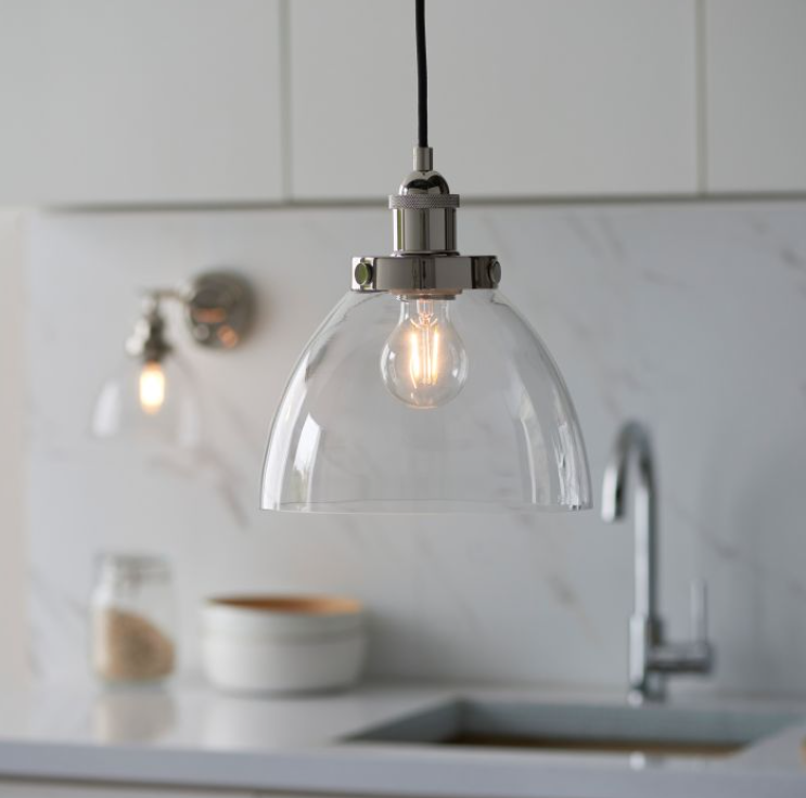 Modern Bright Nickel & Clear Glass Pendant Light – Sleek Dome Shade