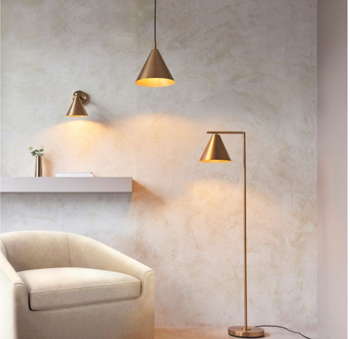 Modern Antique Brass Floor Lamp – Sleek Steel Frame with Cone Shade