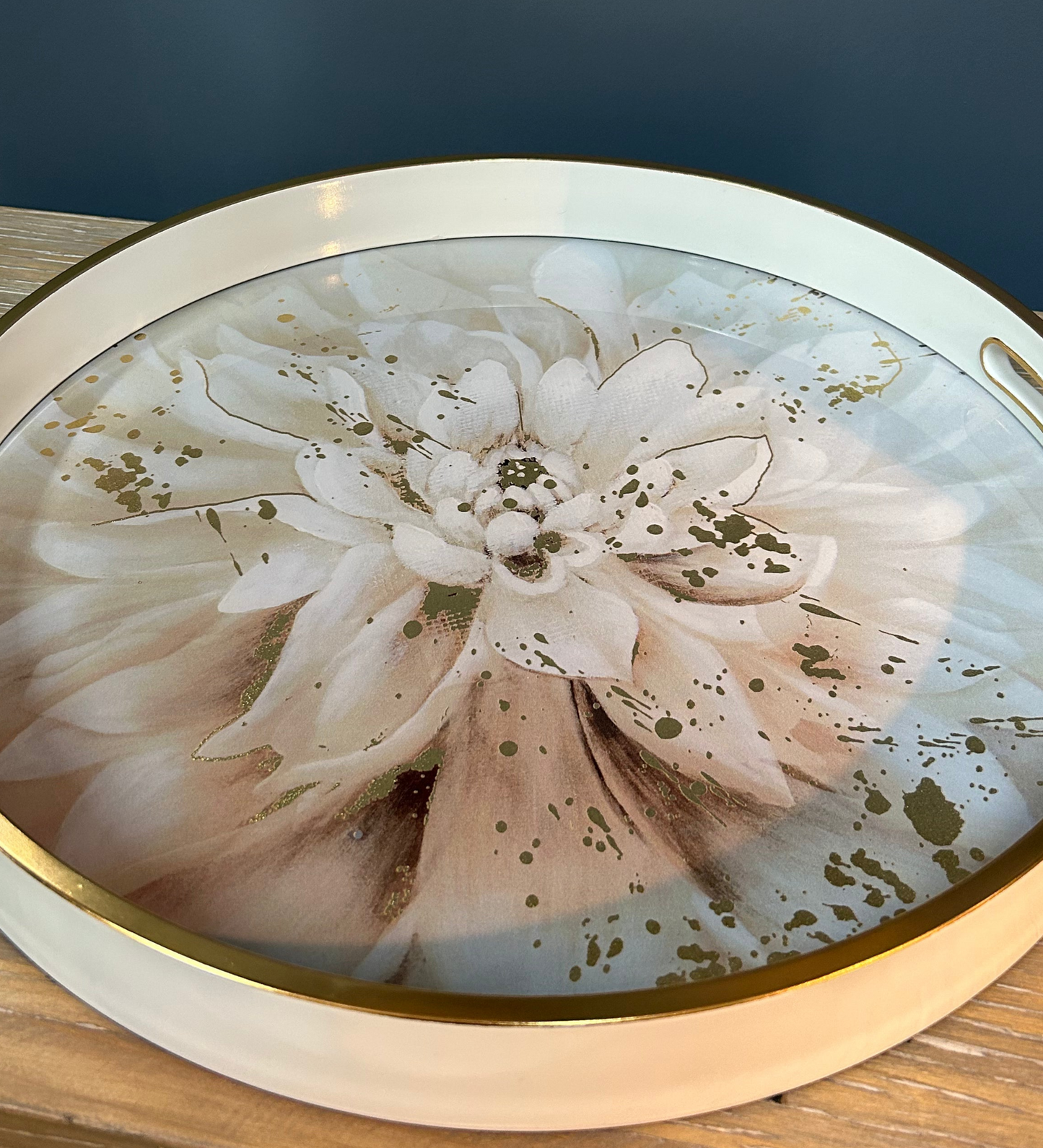 Elegant White & Gold Round Glass Serving Tray – Floral Design & Luxe Finish