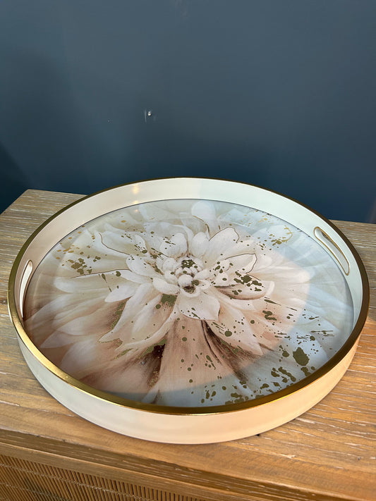 Elegant White & Gold Round Glass Serving Tray – Floral Design & Luxe Finish
